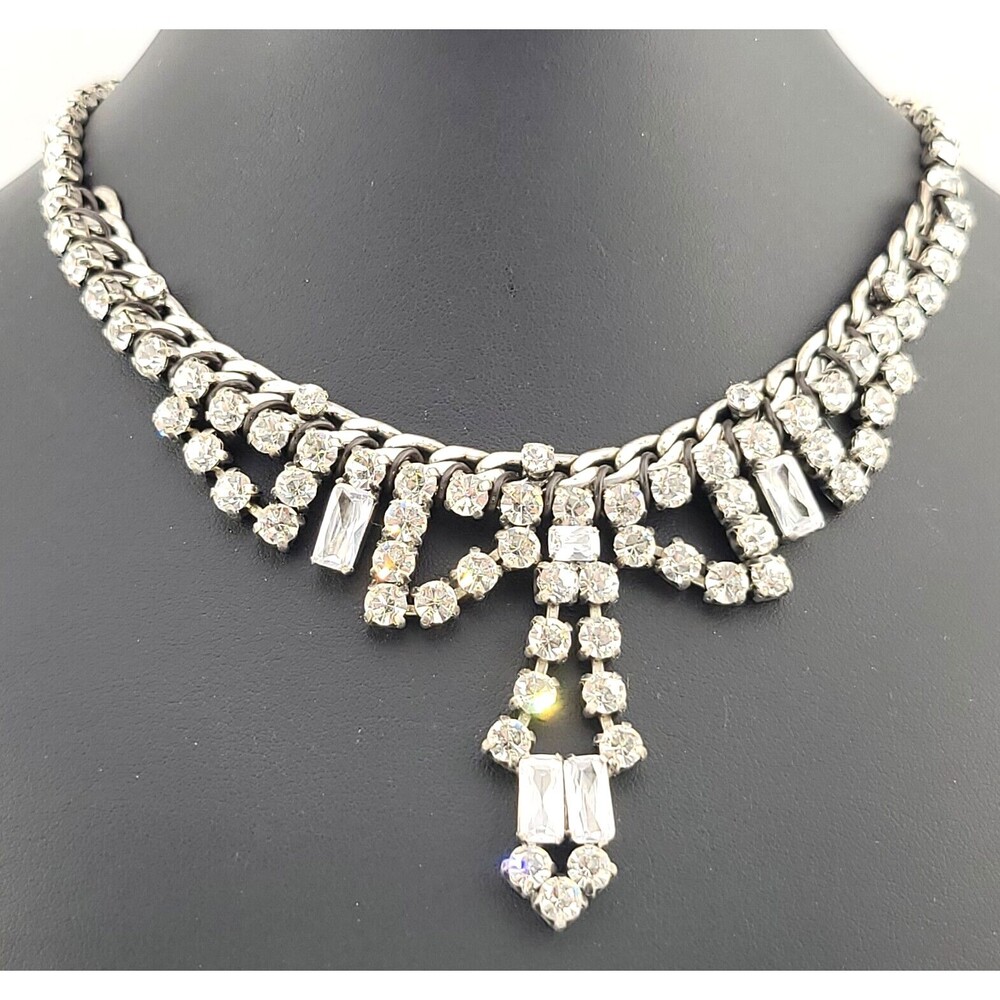 Designer Signed Fossil Chunky White Rhinestone Bib Waterfall Statement Necklace
